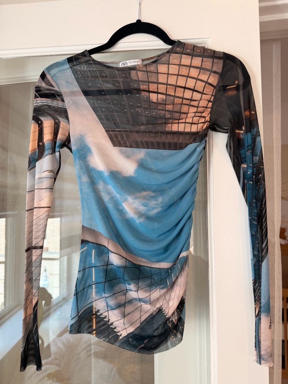 Zara Black Grid Print Mesh Top
